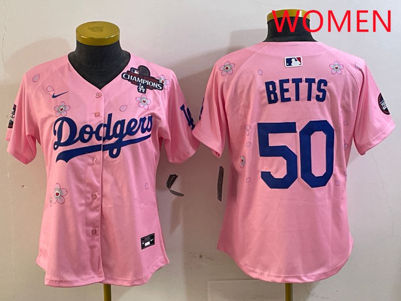 Women Los Angeles Dodgers #50 Betts Pink Sakura Edition 2025 Nike MLB Jersey style 6